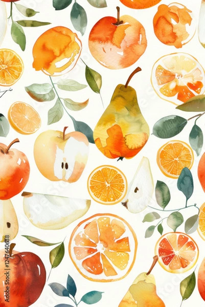 Fototapeta Colorful watercolor fruit pattern featuring apples, oranges, and pears, surrounded by green leaves, creating vibrant and fresh design
