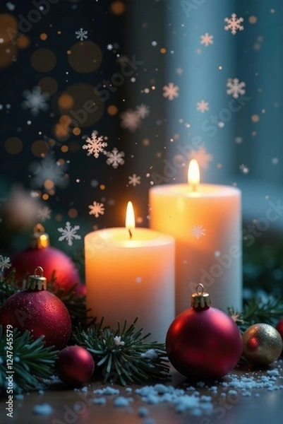 Fototapeta Snowflakes gently falling on festive candles and ornaments, glow, snowflakes
