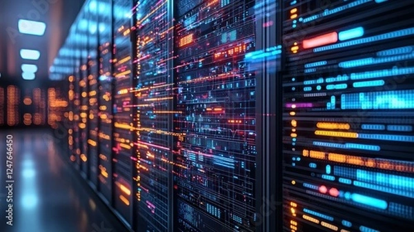 Obraz Data center servers, network activity, digital information flow, technology infrastructure, background blurred