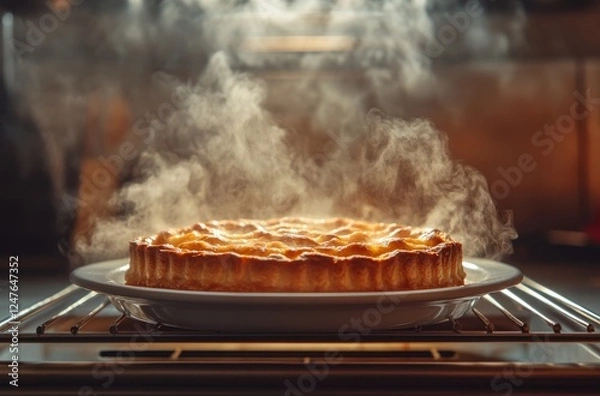 Obraz Freshly Baked Pie with Steam Rising from Crust in Oven Serving on White Plate in Warm Kitchen Environment