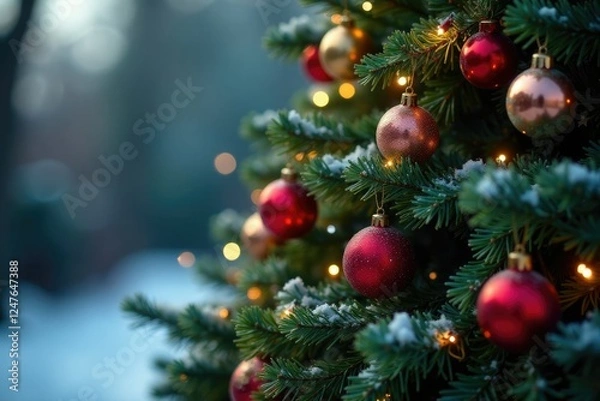 Fototapeta Tree decorated with colorful ornaments hanging from branches, winter, lights, evergreen