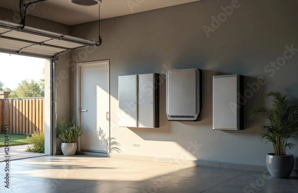 Fototapeta Modern home garage interior displays eco-friendly alternative energy storage system for backup power. Stylish wall mounted battery, solar panel tech installation showcased. Sunlight illuminates empty