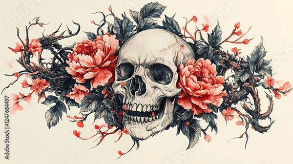 Fototapeta Skull tattoo with blooming roses on isolated white background detailed line art and shading depicting beauty and mortality. Symbolic Rebirth. Illustration