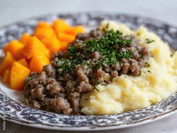 Fototapeta Traditional Scottish Haggis Meal with Neeps and Tatties Close Up