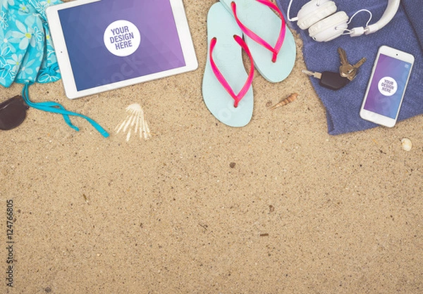 Fototapeta Tablet and Smartphone on the Beach Mockup