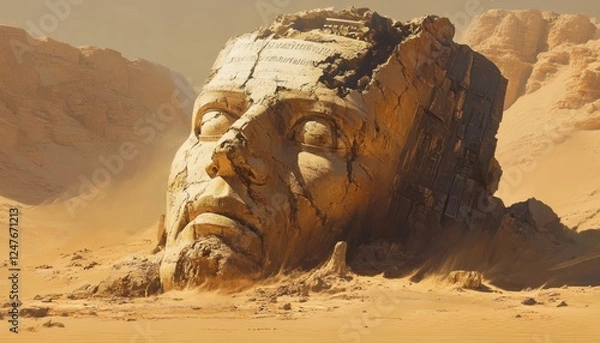 Fototapeta A colossal, weathered stone head, partially buried in sand, dominates a desolate desert landscape