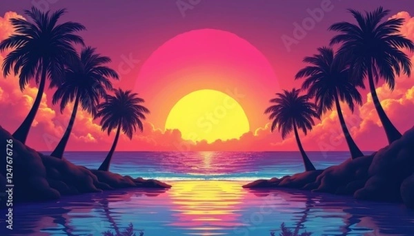 Fototapeta Tropical beach scene at sunset. Palm trees line calm ocean shore. Vibrant colors like neon orange yellow purple, blue create retro 80s 90s aesthetic. Waves gently lap shore. Calm, relaxing scene.