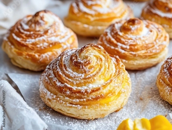 Fototapeta Delicious pastry swirls dusted with powdered sugar create a tempting treat
