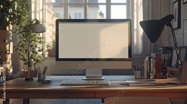 Fototapeta Modern Home Office Workspace: Sunlight Streaming Through Window, Clean Desk Setup, Computer, Books, and Stylish Decor