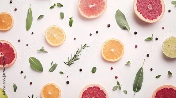 Fototapeta Flat lay of citrus fruit slices, herbs, and peppercorns arranged on white background.