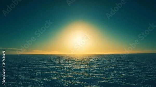 Obraz Sun setting over a vast, calm ocean with a teal sky.