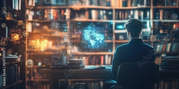 Fototapeta A creative representation of a futuristic study environment with holographic displays