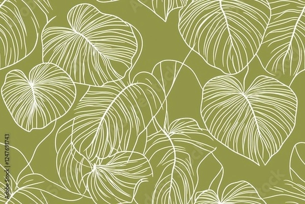 Fototapeta Padrão contínuo (seamless pattern) de folhas estilizadas em tons de verde com linhas delicadas em branco, criado com IA generativa.