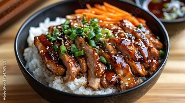 Obraz Delicious Teriyaki Chicken Bowl with Rice, Carrots and Green Onions