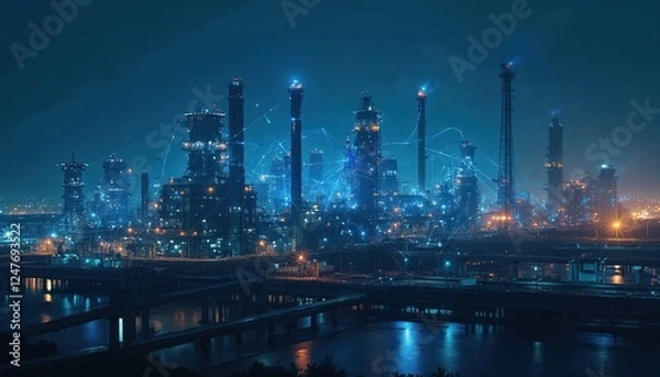 Fototapeta Industrial complex at night with digital network overlay. Modern factory buildings by river illuminated. Advanced tech network connects structures. Futuristic tech illustration shows automation,