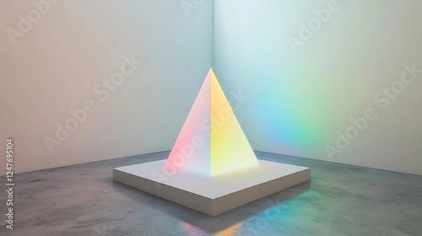 Fototapeta Illuminated Pyramid on White Cube Base in Corner