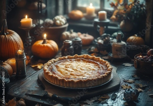 Fototapeta Warm and Inviting Pumpkin Pie Surrounded by Autumn Decor, Candles, and Seasonal Elements in a Cozy Rustic Setting