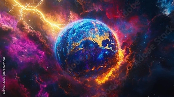 Fototapeta A stunning cosmic vista of a fiery planet amidst a vibrant nebula and lightning