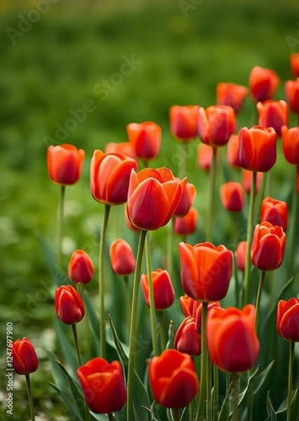 Fototapeta Many red tulips on a green background bokeh green bokeh green abstract background light bright blur pattern