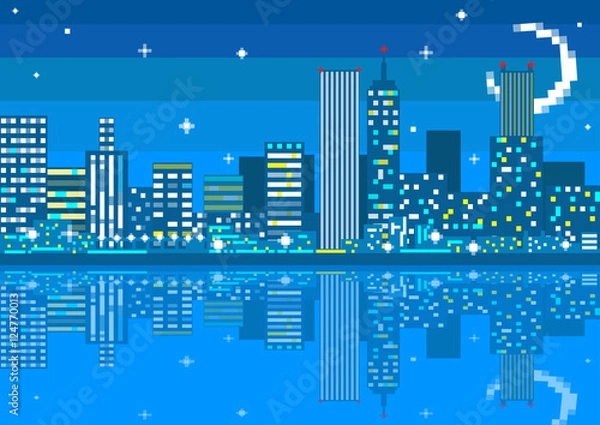 Fototapeta Pixel art night city card. Vector illustration