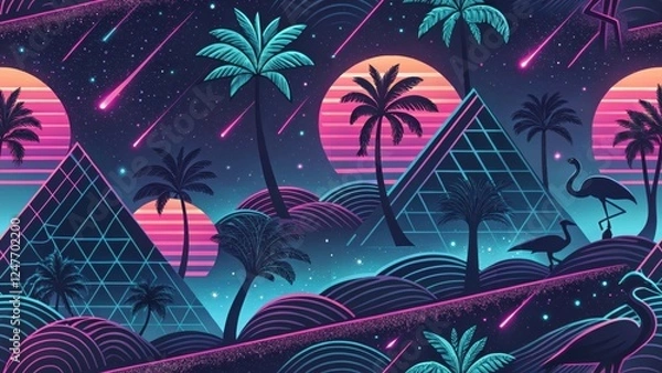 Fototapeta Retro futuristic landscape with palm trees, neon sunsets, and geometric shapes