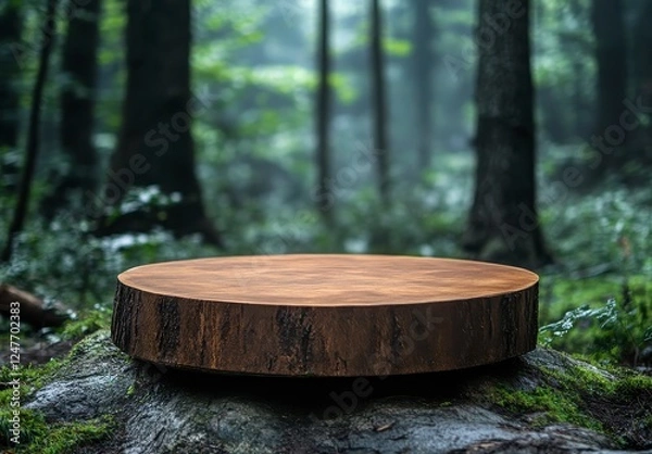 Obraz Rustic Tree Stump Surrounded by Lush Forest Atmosphere in Mist