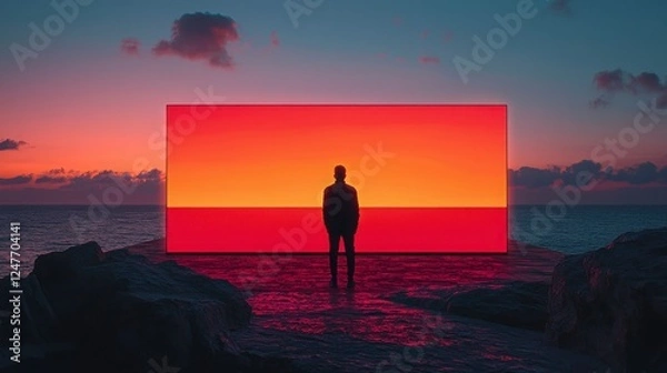 Fototapeta Man Silhouette Against Vibrant Sunset and Digital Screen Display
