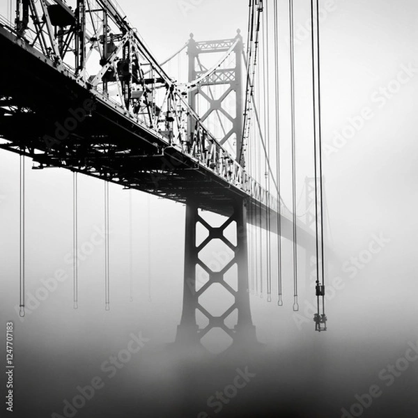 Fototapeta Suspension bridge emerging through dense fog in monochrome perspective