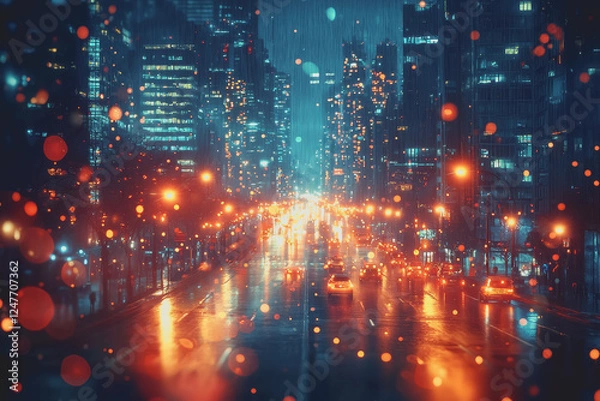 Fototapeta City street illuminated at night with bright lights and urban architecture creating a vibrant atmosphere for pedestrians and vehicles moving through the area