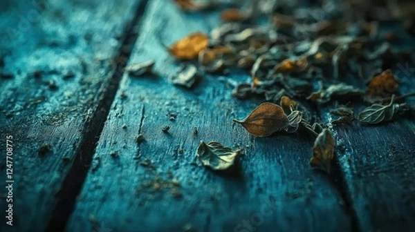 Fototapeta Dried herbs on rustic wooden table, autumnal setting, food blog use