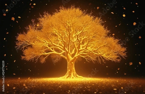 Fototapeta Golden tree glows against dark background. Golden leaves fall around tree. Autumnal magic. Nature in autumn. Beautiful scene. Majestic tree. Golden foliage displays. Nature scenery. Illuminated tree