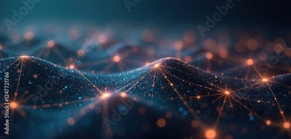 Fototapeta Futuristic digital network. Abstract cyber city landscape. Interconnected nodes, glowing links. Complex web of information, data. Virtual reality, digital space. Advanced technology, smart city