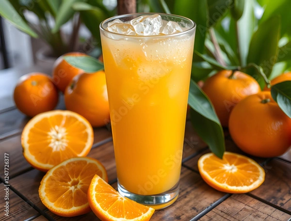 Obraz ice cold glass of fresh orange juice placed on a tropical wooden table with whole and sliced oranges around it