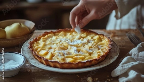 Fototapeta Freshly Baked Apple Tart with Hand Sprinkling Sugar on Top and Pears in Background, Cozy Kitchen Setting, Warm and Inviting Atmosphere