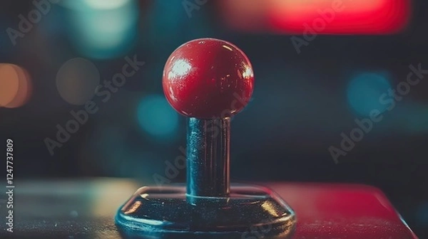 Obraz Close-up of a vintage red joystick on an arcade game console.