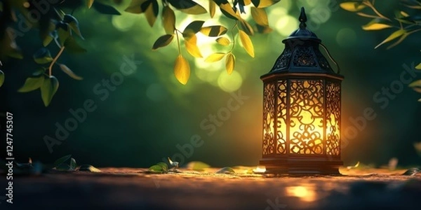Fototapeta Glowing lantern in tranquil garden setting at dusk.