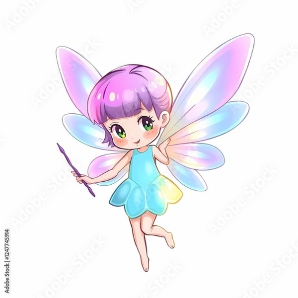 Fototapeta Whimsical Fairy with Wand: A charming anime-style fairy with iridescent wings, a wand in hand, and a playful expression, ready to sprinkle magic on your designs.