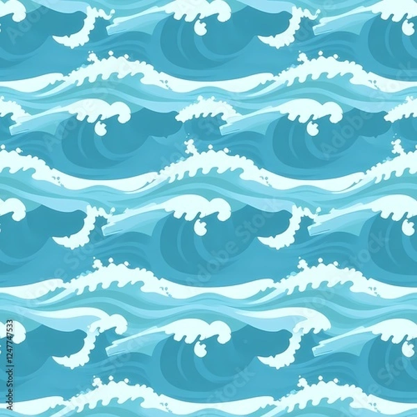 Fototapeta Seamless Ocean Wave Pattern: A vibrant and stylized seamless pattern featuring repeating waves in shades of blue and white, evoking the rhythm and movement of the ocean. Perfect for textile design.