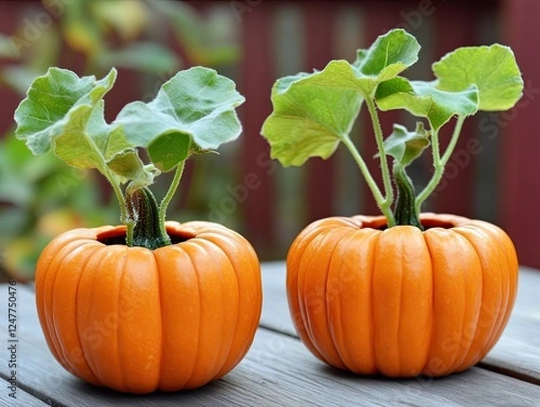 Obraz Two Mini Pumpkins with Sprouts on a Wooden Table, Autumn Harvest