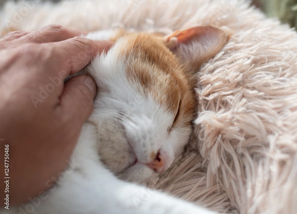 Fototapeta かわいい飼い猫を撫でる飼い主　茶トラ白