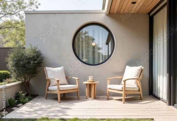Fototapeta Chairs on a Patio with a Round Window