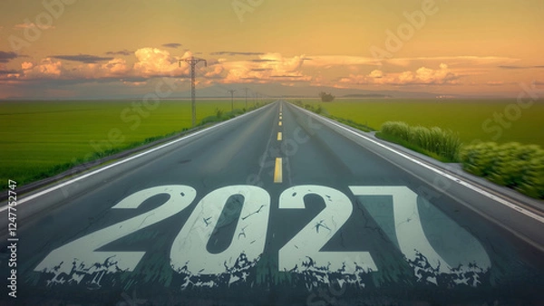 Fototapeta New Year 2027 road leading to the future and new hope concept - AI generated