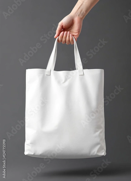 Fototapeta Hand holding a blank white tote bag on a dark background, eco-friendly reusable fabric shopping bag for branding and advertising.