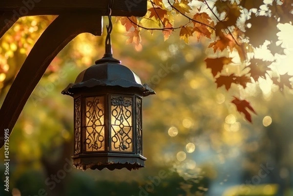 Fototapeta Illuminated lantern hanging on autumn leaves background.