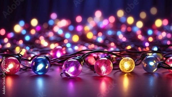Fototapeta "Holiday Decorations and Festive Party Atmosphere with Colorful Christmas Lights on a Purple Background and Copy Space"