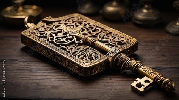 Fototapeta "Antique Brass Key Illuminated Against Black Background: Showcasing Intricate Design, Mystery, and History in Vintage Décor, Unlocking Secrets and Possibilities"