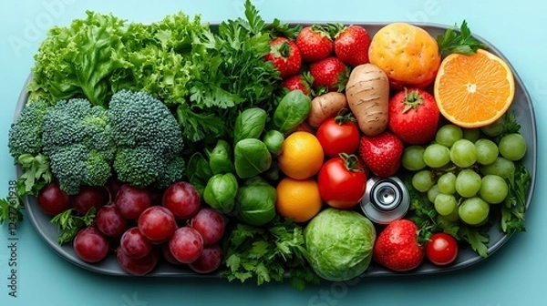 Fototapeta Diabetes-friendly meal plan of a diabetes emblem, stethoscope, and a plate of colorful, nutritious fruits and vegetables on a pastel blue background Ideal for diabetes diet ideas and healthy living