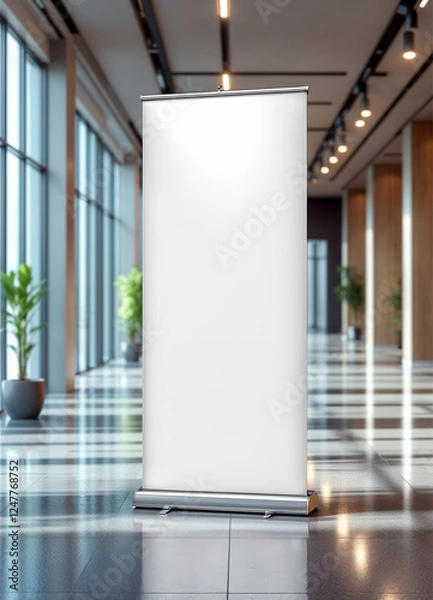 Fototapeta Freestanding blank banner stand in a modern corporate lobby, ideal for advertising, branding, and business event promotions.