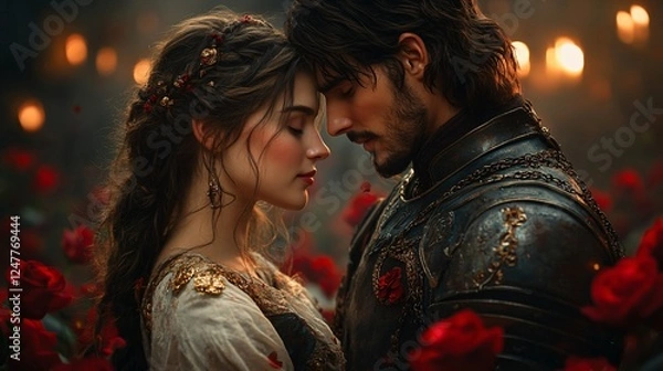 Obraz Chivalrous Love Story Knightly Valentine’s Embrace – A warrior couple in medieval a– A brave knight kneeling before his beloved lady in medieval attire, offering a rose, with a romantic castle setting