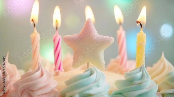 Fototapeta Close-up of a birthday cake with pastel frosting, lit candles, and a star-shaped topper.